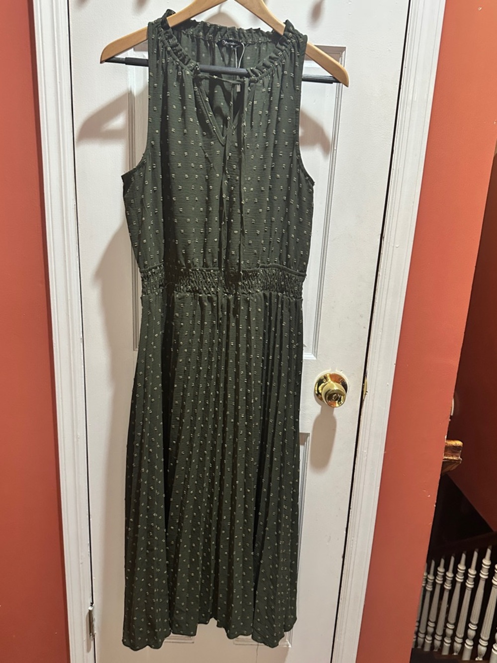 Sleeveless Olive Green Maxi Dress with Smocked Waist and Tie Neck
